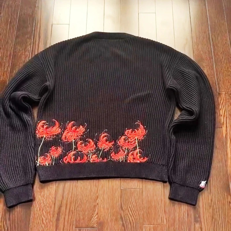 Y2K Harajuku Retro Sweater Gothic Red Spider Lily Embroidery Unisex Loose Round Neck Casual Clothing Stylish Hip Hop Pullover 251023