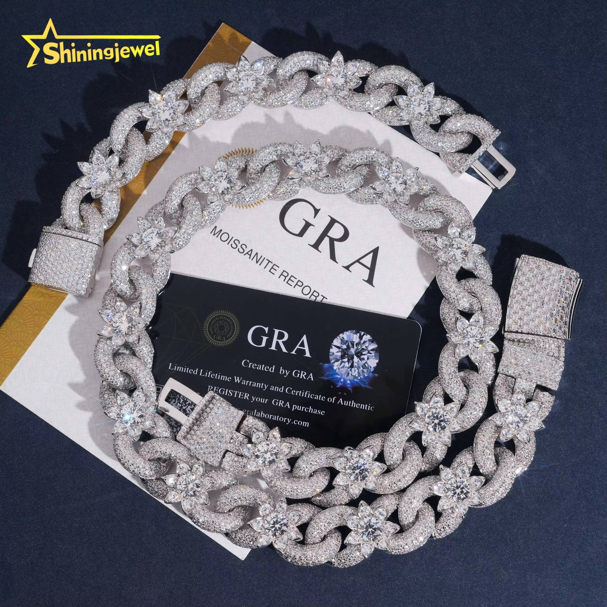 Custom Made Hip Hop Jewelry Bling Fashion Men Necklace 925 Sterling Silver 18MM Flower Moissanite Infinity Cuban Link Chain