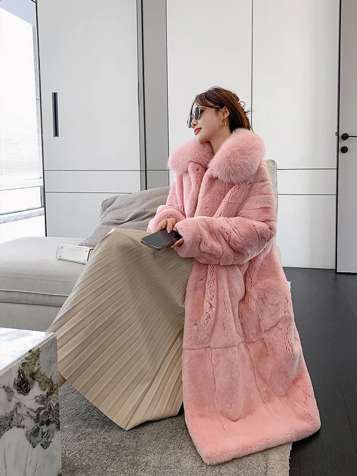 Autumn and Winter Womens Rex Rabbit Fur Water Pink Long Coat Imported Fur Integrated Fox Fur Collar 251027