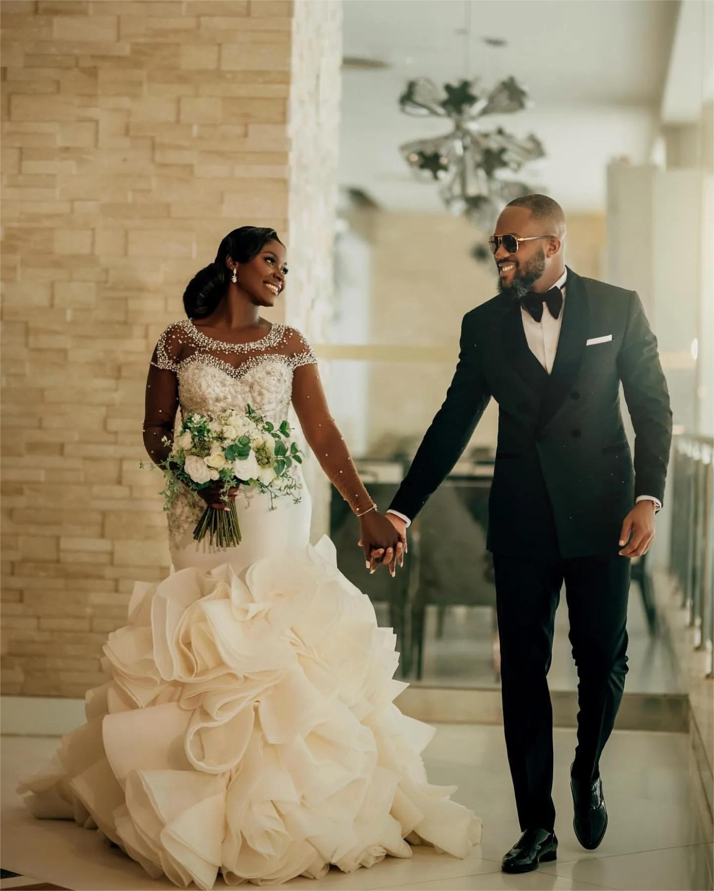 Aso Ebi Mermaid Wedding Dress in Ivory with Beaded Crystals Satin Tiers Luxurious and Sheer Neck