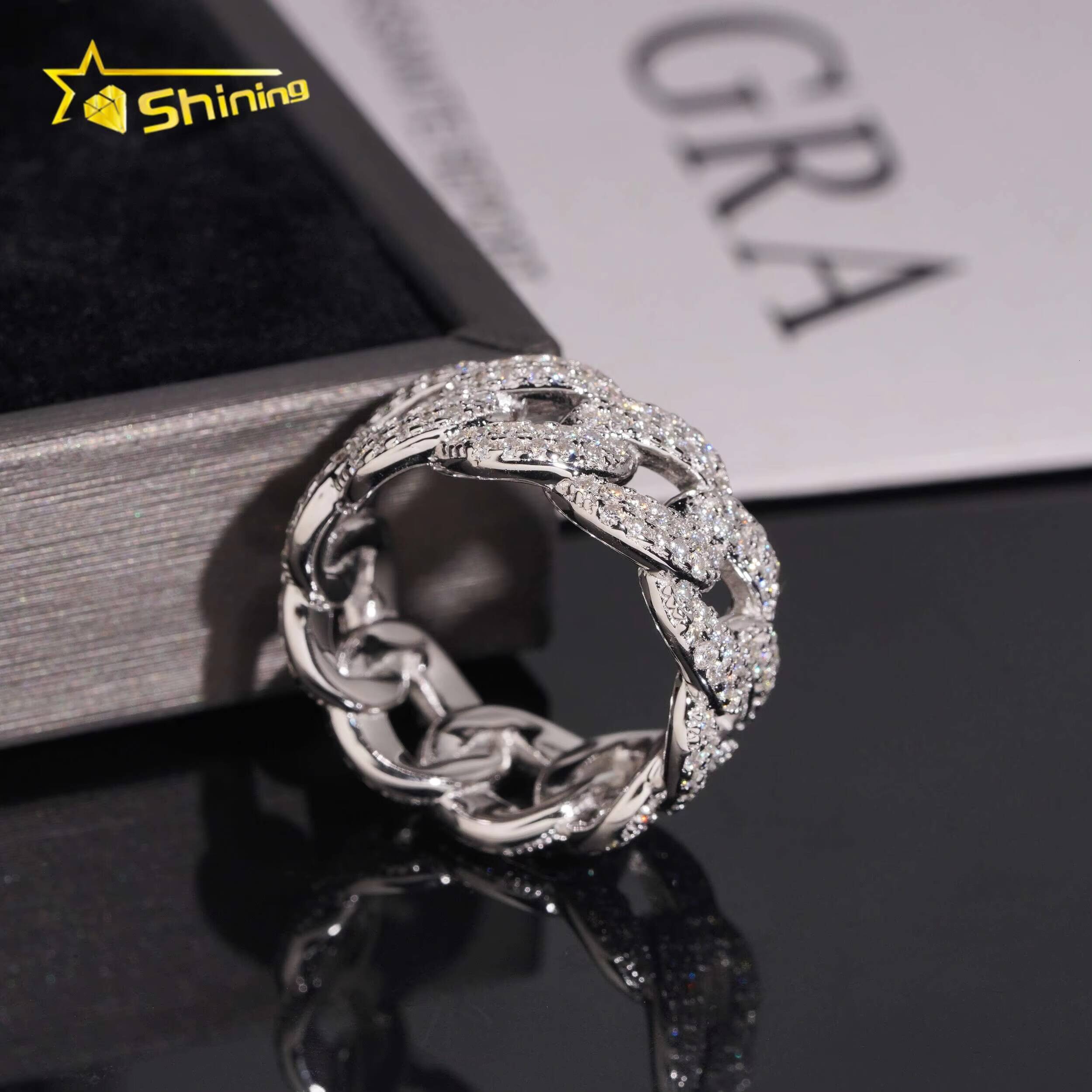 New Iced Out 925 Silver VVS Moissanite Cuban Link Ring Hip Hop Jewelry Custom Moissanite Engagement Ring for Men