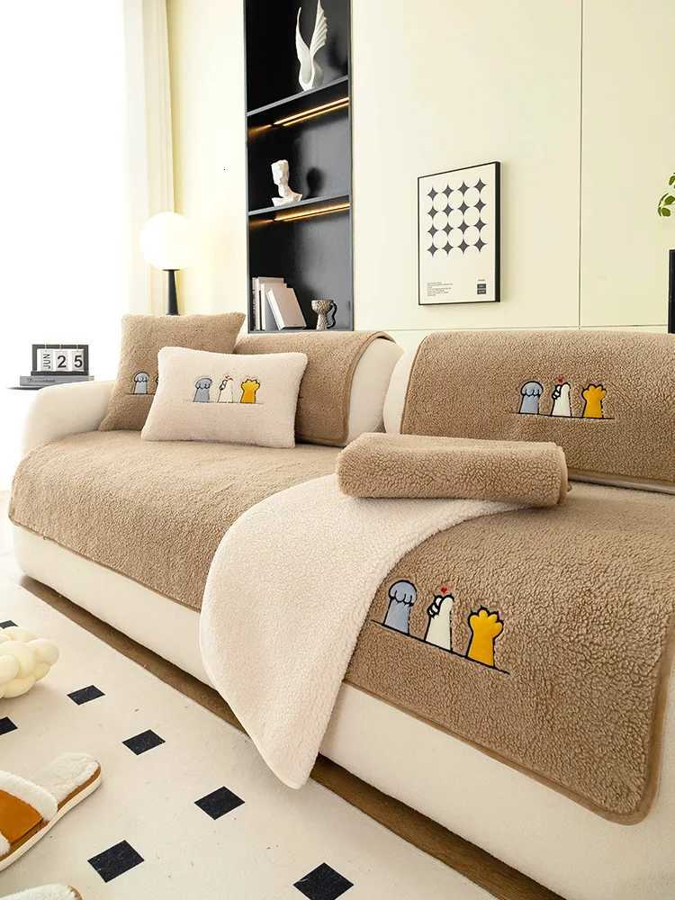Lamb Plush Sofa Cushion Winter Warm Thickening NonSlip Living Room Sofa Cover Cloth Universal Leather Sofa Recliner Cover C251028