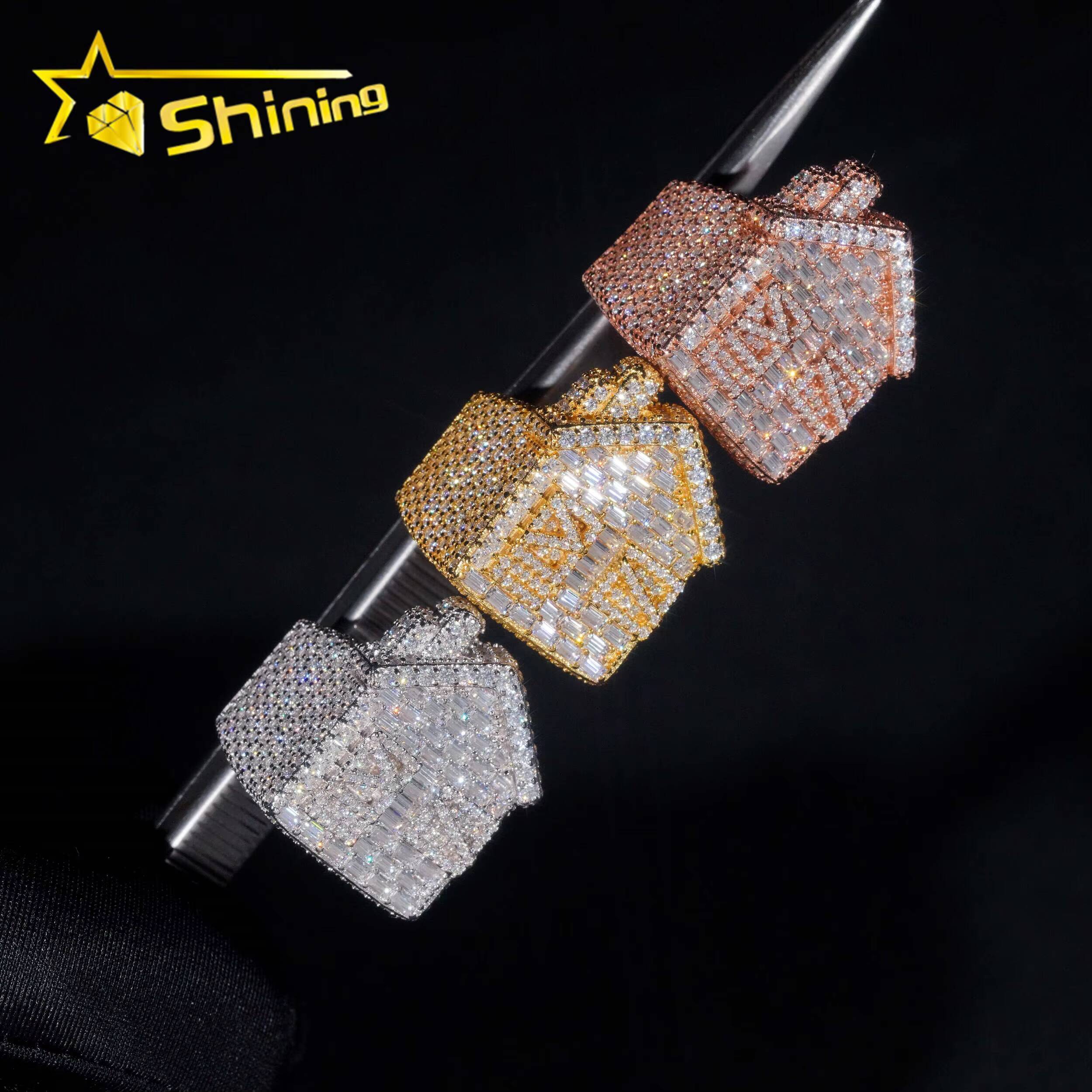 Luxury Rappers Hip Hop Jewelry Gold Plated Solid Inside 925 Sterling Silver Fully Iced Out Traper House Moissanite Ring