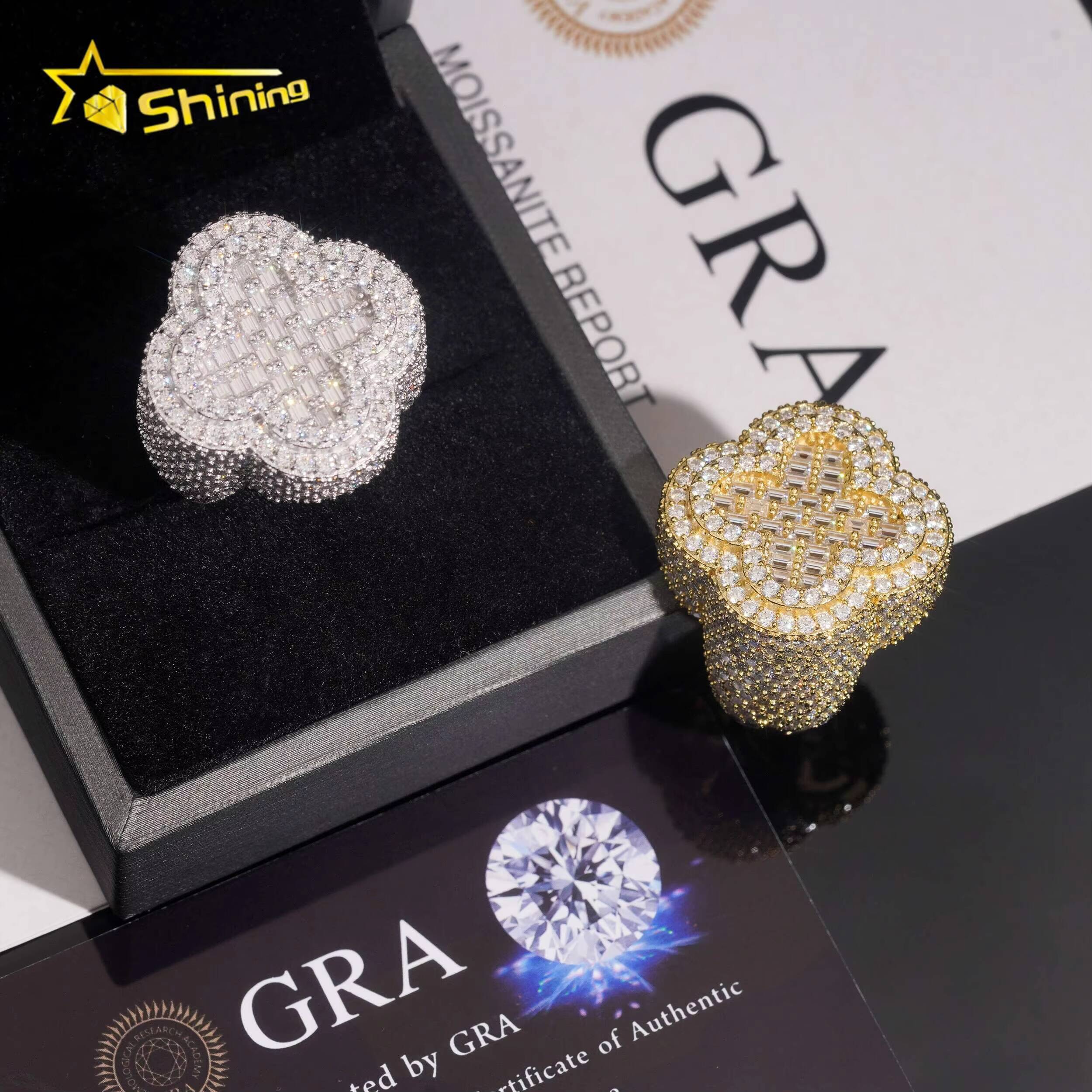 Iced Out Flower Ring GRA Moissanite Pass Diamond Test 925 Sterling Silver Gold Plated Moissanite Hip Hop Rings