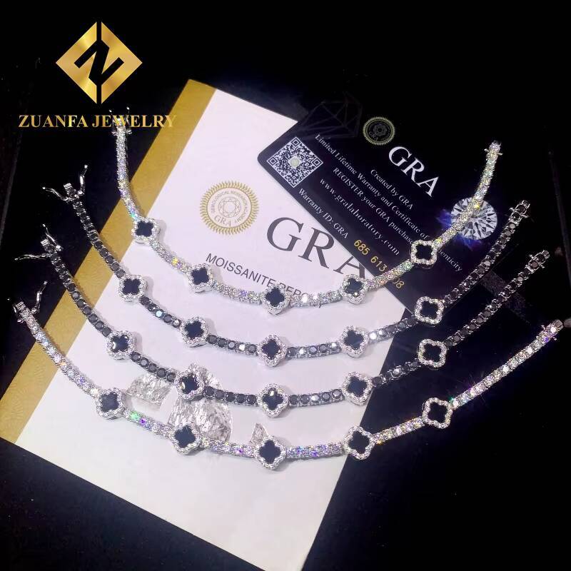 Fine Jewelry Moissanite Tennis Chain 925 Sterling Silver 3mm Black White Moissanite Clover Tennis Bracelet