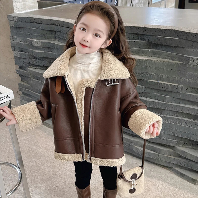 Baby Girl Clothes Windbreak Jacket Kids Girls PU Leather Lamb Wool Outerwear For Autumn Winter Warm Thicking Children Coats Tops 251027