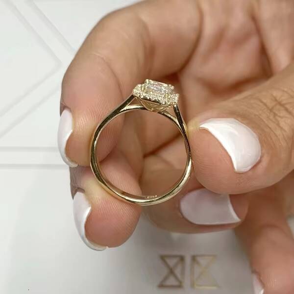 Customized Engagement Ring 10K Gold Emerald Cut Moissanite Halo Diamond Ring