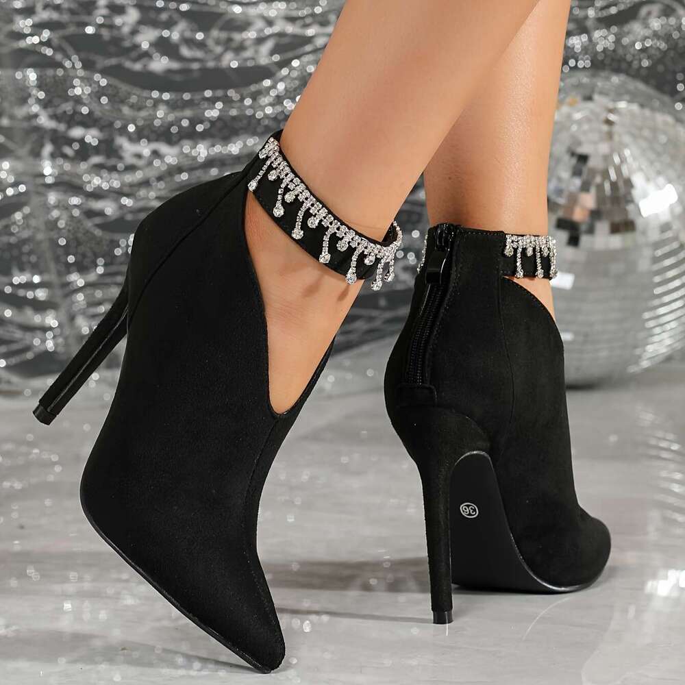 923-89 Zipper Chain Decorative Pointed Toe 4.33Inch Sexy Slim Ultra-High Heel Fashion Ankle Boots Nude 35-42