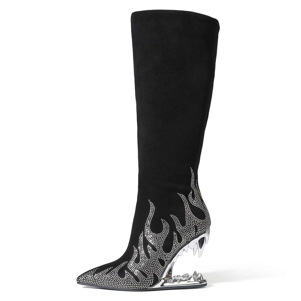 Pointed Rhinestone Wolf Teeth Heel Women's Large Long High Barrel Fashion Boots