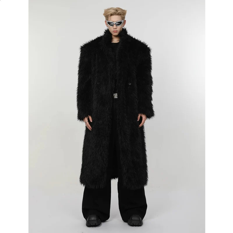 Mens winter artificial mink fur coat long over the knee fox fur wool fashion plush trench coat 251027