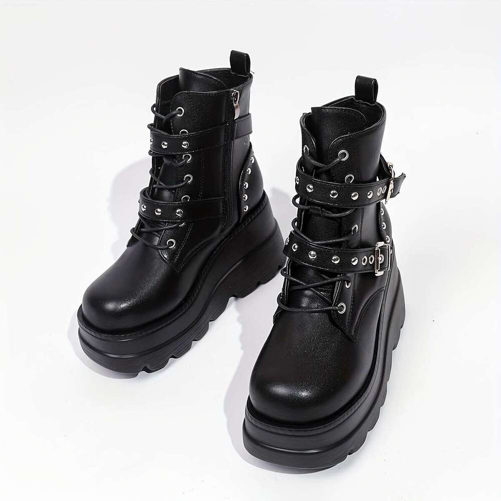 Women's Punk Style Ankle Thick Platform Sole, Side Zipper Closure Chunky Buckle Details - Black Synthetic Cover Round Toe Boots With Cushioned In