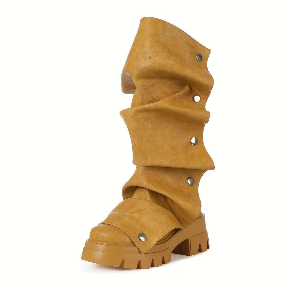 Chic Women's Fold Over Round Toe Chunky Heels Pleated Pull On New Year Holiday Wide Calf Short Booties