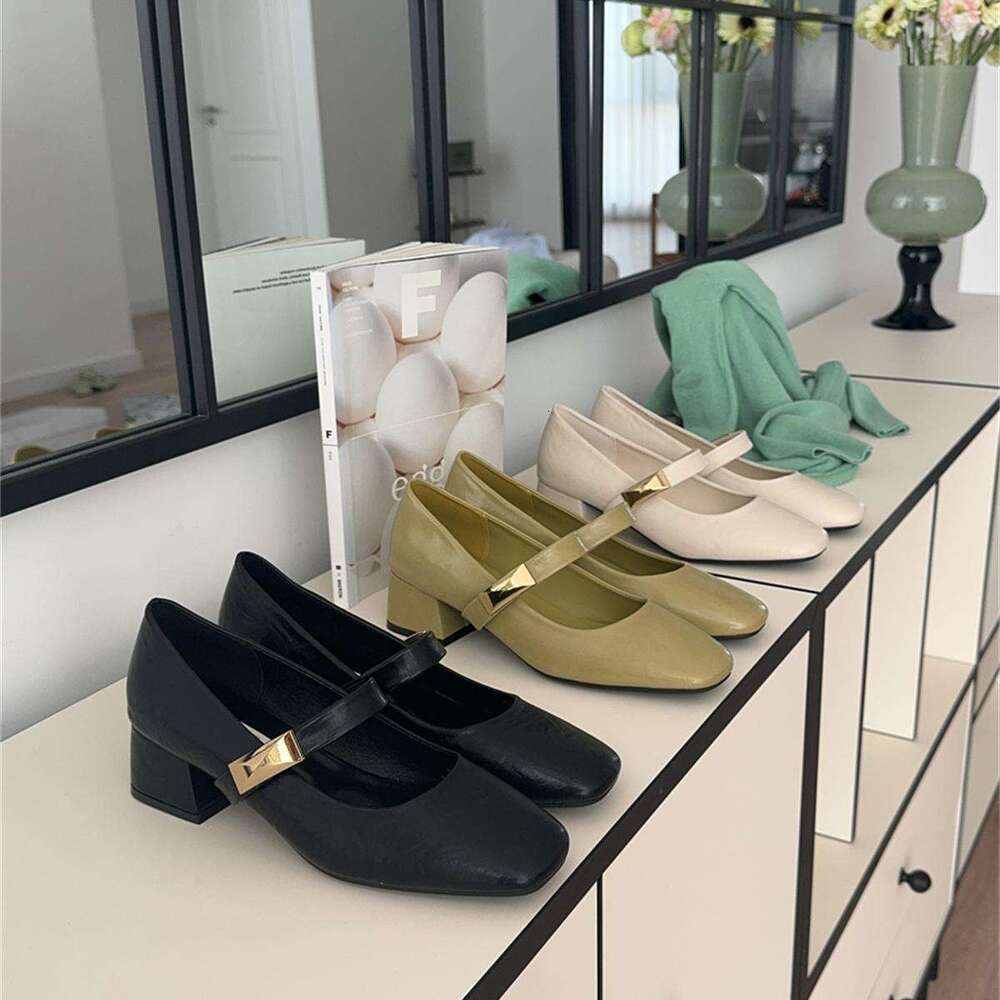Square Toe Elegant Shallow Mouth Metal Strap Designer Shoe Single for Women Chunky Heel Mary Jane Shoes to Match Dresses