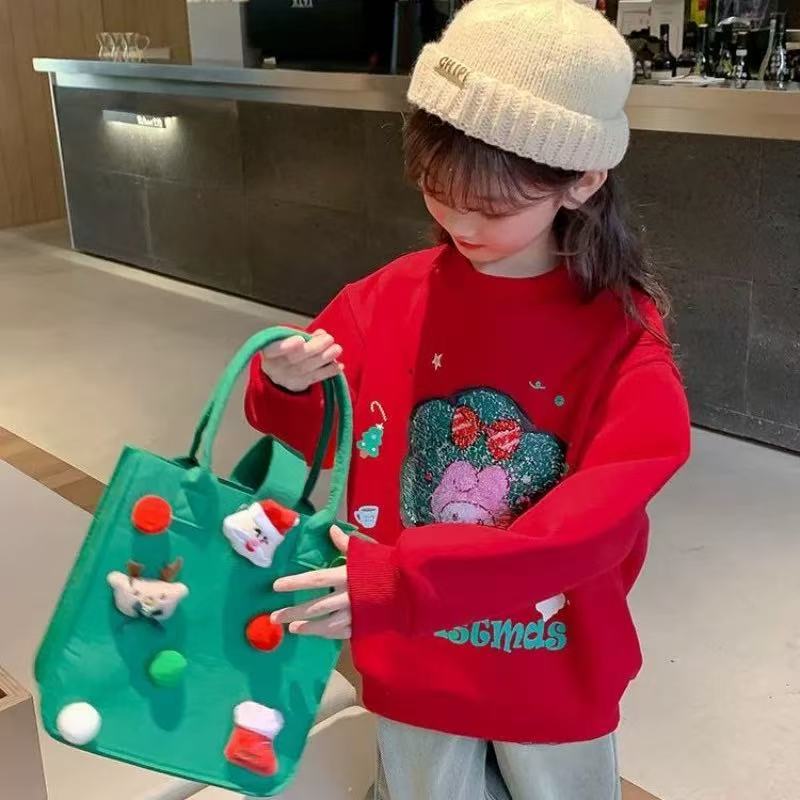 girl Kolumi Christmas red fleece pullover for autumn and winter, new style, girls' clothes with sequins that change color, festive clothes for th