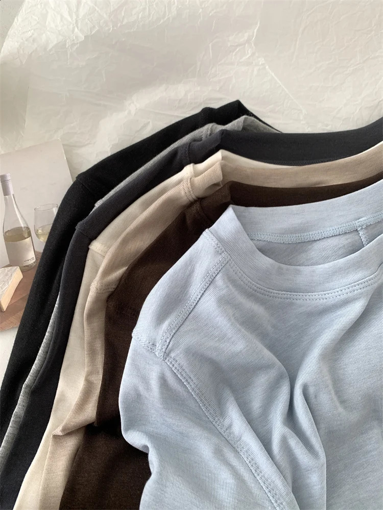 Silk Wool Splice Long Sleeve Tshirt Women Spring Summer Thin Soft Waxy Fit Solid Color Backing Top 251027