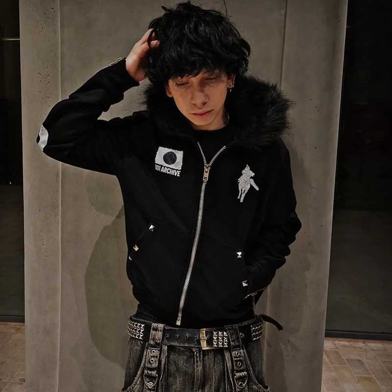 Harajuku Y2K retro aesthetic unisex hoodie casual zipper cardigan print fur collar sweatshirt rock punk hip hop goth streetwear 251027