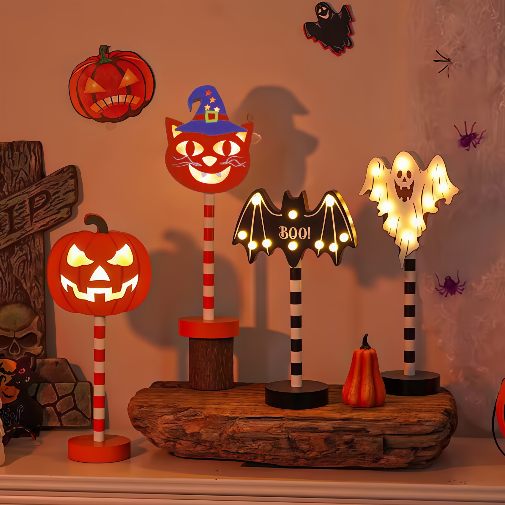 Halloween LED Decorative Table Lamp, Wooden Pumpkin/Bat/Ghost/Skull Shaped Warm Light Ornament, Battery-Powered Halloween Decoration Light165--072301