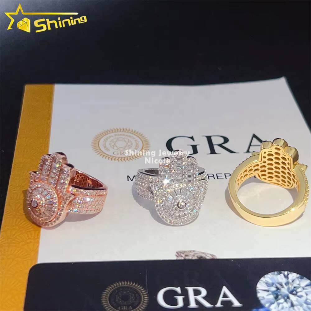Wholesale Price High Quality Baguette Diamond 925 Silver Rings Hip Hop Moissanite Hamsa Hand Ring