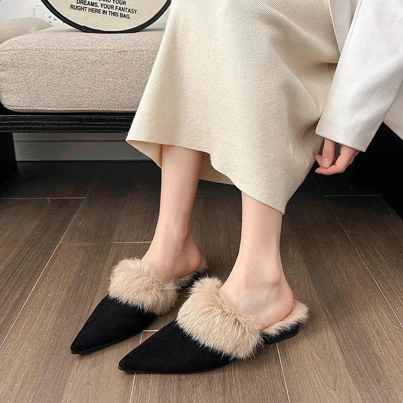 Womens Fashion Baotou Slippers Winter Pointed Head Deep Mouth Suede Antislip Wearresistant Flat Shoes 251023