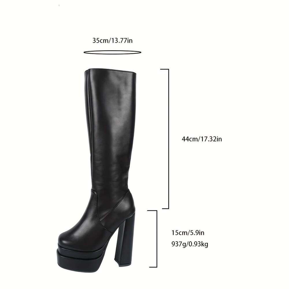 Elegant Black Knee-High With Chunky Heel, Square Toe, And Zipper - Synthetic Cover, Fabric Lined, PU Sole, Perfect For A Trendy Look, Stylish Boots|Ch