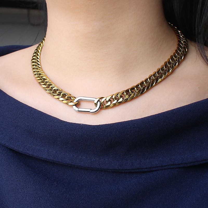 Simple Unisex 18K Gold Plated Climbing Buckle Statement Chunky Chain Climber Two-tone Stainless Steel Necklace
