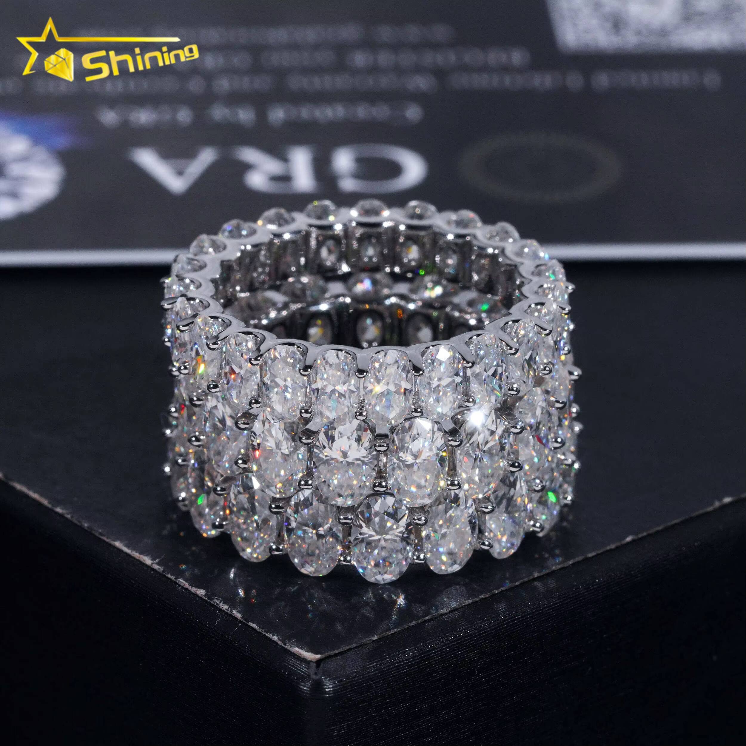 New GRA Certificate 925 Sterling Silver Gold Plated Fine Jewelry Iced Out Diamond Oval Moissanite Hip Hop Eternity Band Ring