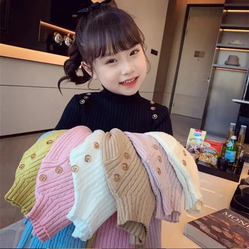 Girls Sweater Winter Decorative Buttons High Neck Solid Color Bottom Shirt Multicolour Children High Elasticity Knit Pullover 251027