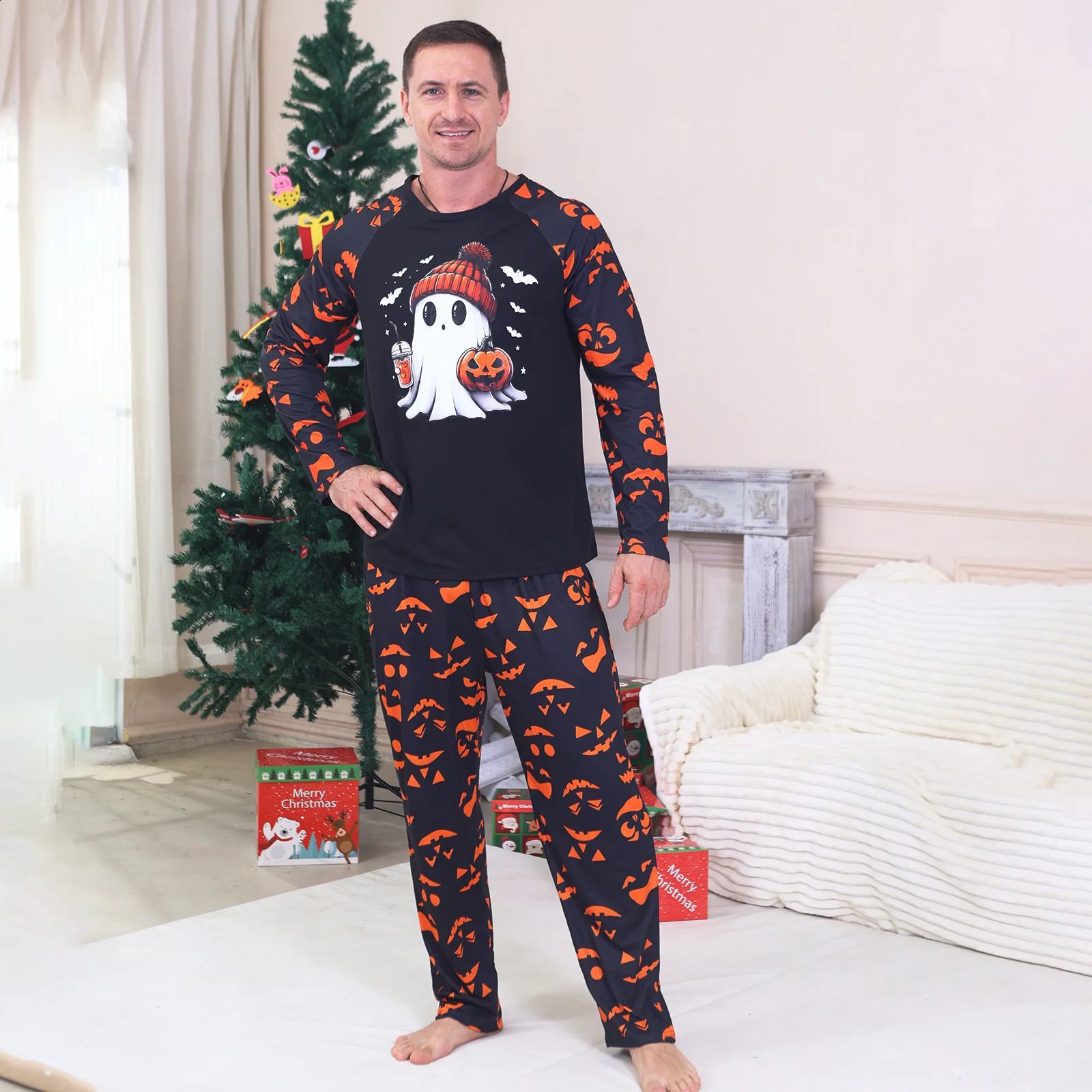 Family Look Halloween Party Pajamas Set Mom Daughter Dad Son Matching Outfits Cartoon Print Soft Loose 2 Pieces Suit Sleepwear 251027