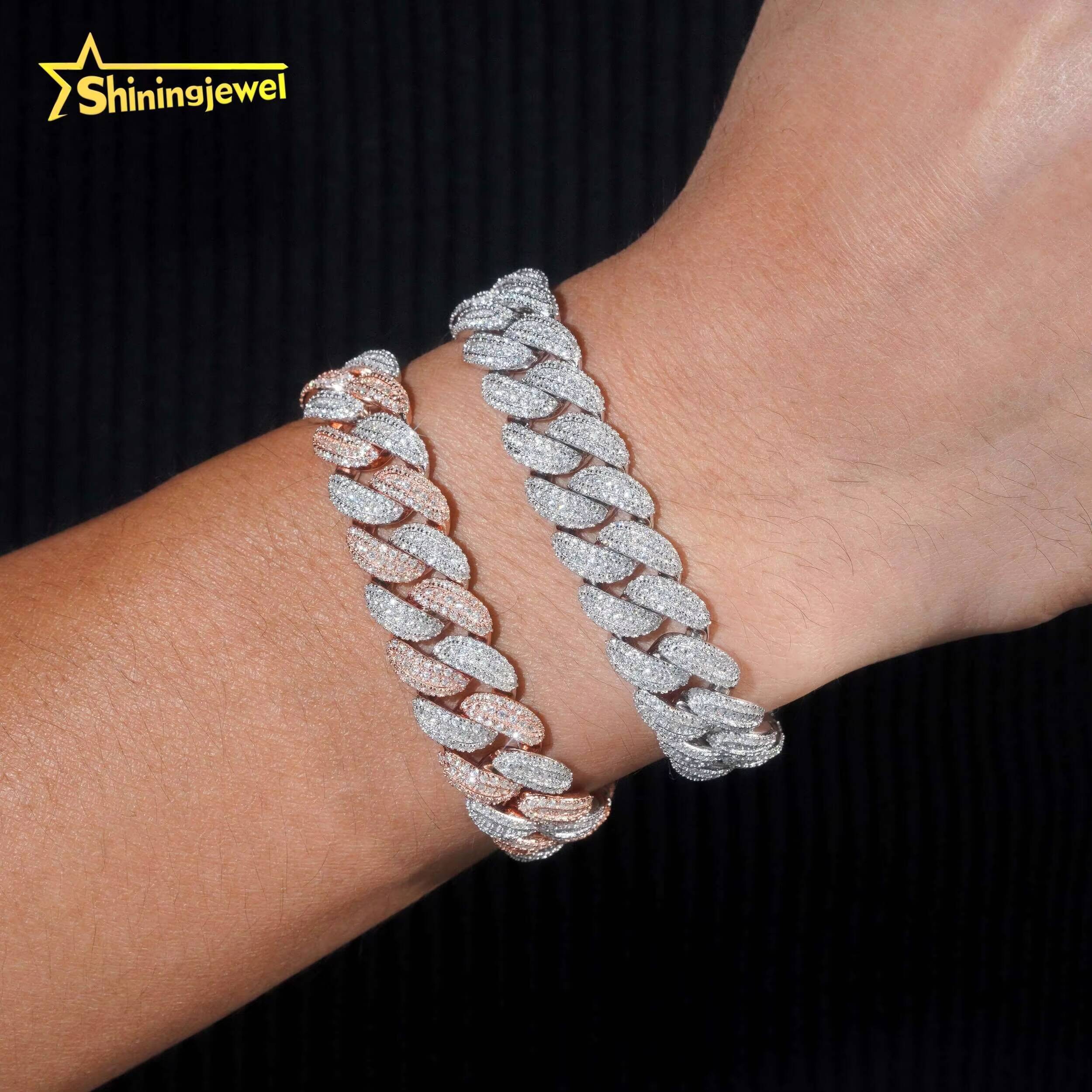 High Quality Iced Out Moon Shape 925 Silver Two Tone Hip Hop 13mm Mens Moissanite Cuban Link Bracelet