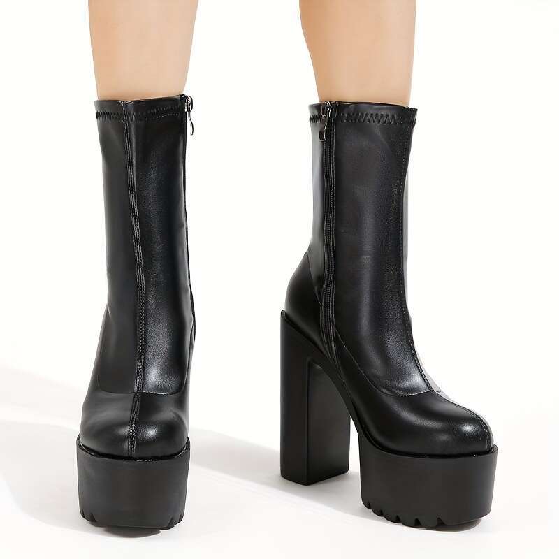 Women's Chunky Platform - Sexy Black Faux Cover Ankle With Elastic Side Zipper, Round Toe & All-Season Versatile Design For Parties, Casual Outin