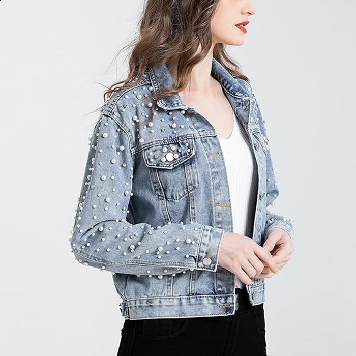 EWQ Streetwear Patchwork Rivet Denim Jacket Women Fashion Lapel Long Sleeve Loose Coats Female Outerwear Autumn Trend 240824