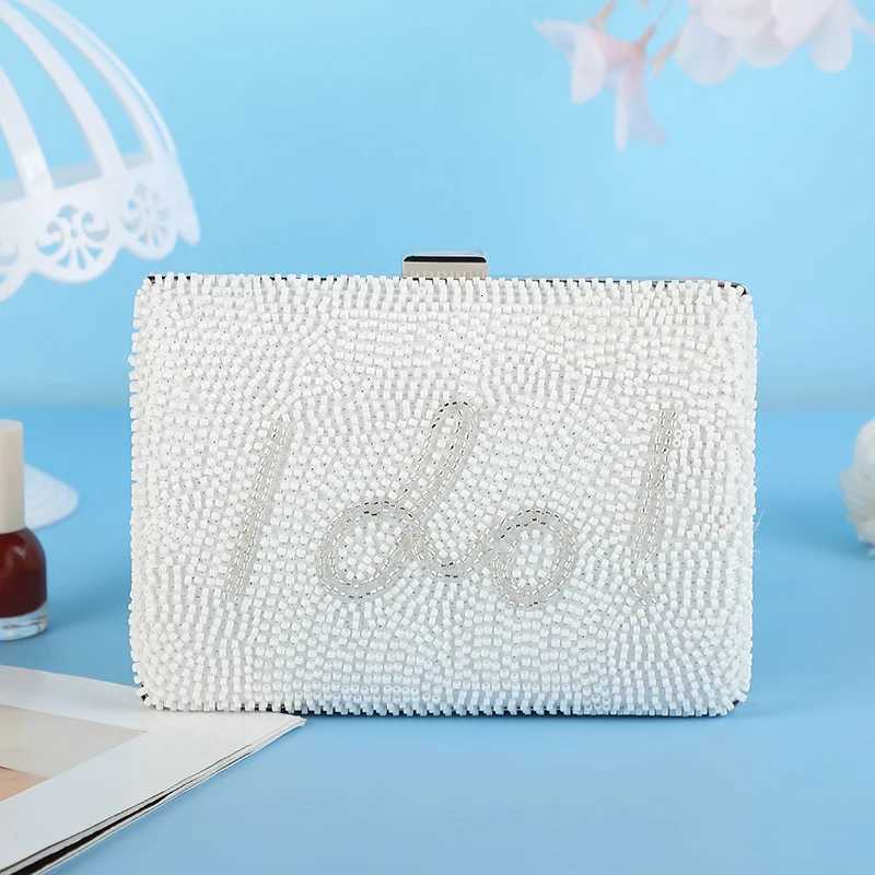 Elegant Letter Bridal Clutch Bag White Beaded Evening Party Square Bag with HighEnd Metal Chain for Women H251027