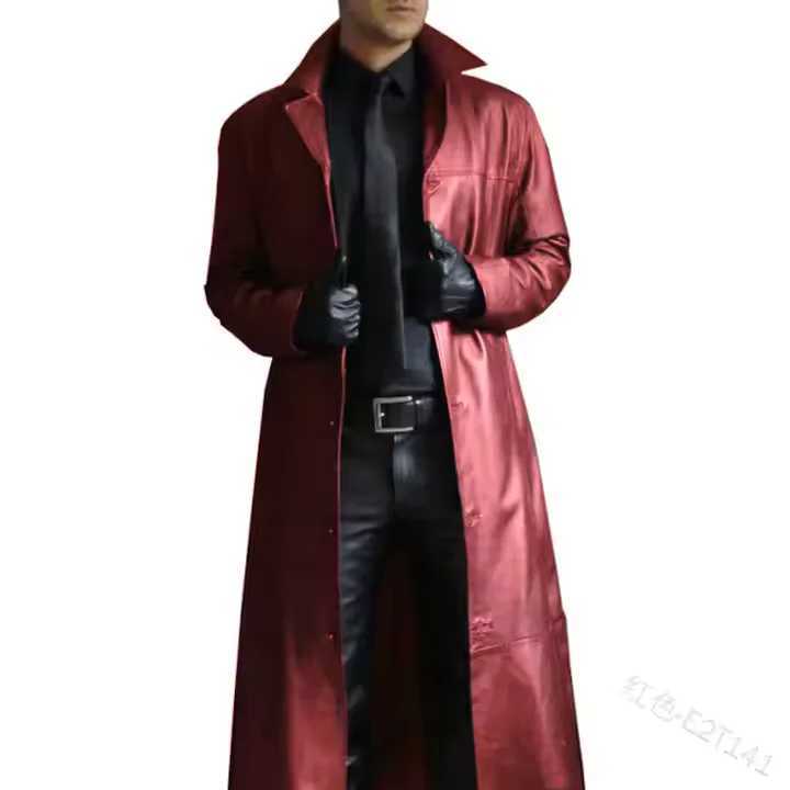 2022 Mens Long Gothic Moto Biker Windbreaker PU Leather Trench Coat Jacket Black Casual Punk Outwear Zipper Plain Dyed Canvas X2510281
