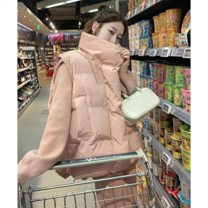 Winter Womens Thick down Cotton Vest High Neck Sleeveless Zip Jacket Warm Casual Padded Waistcoat Student Outerwear 251027