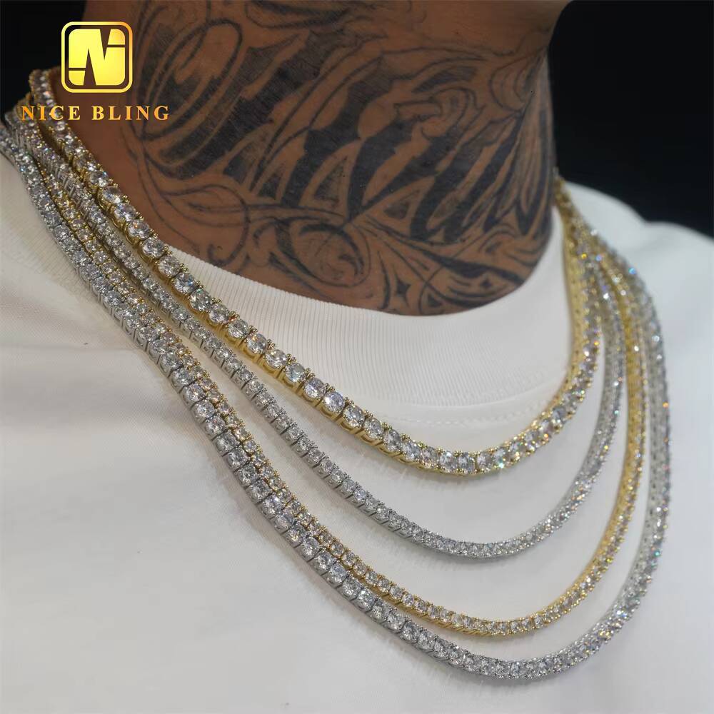 Wholesale Hip Hop Jewelry Fashion Iced Out 18K Gold Silver Plated Brass Moissanite Diamond Tennis Chain Moissanite Necklace for Men Women