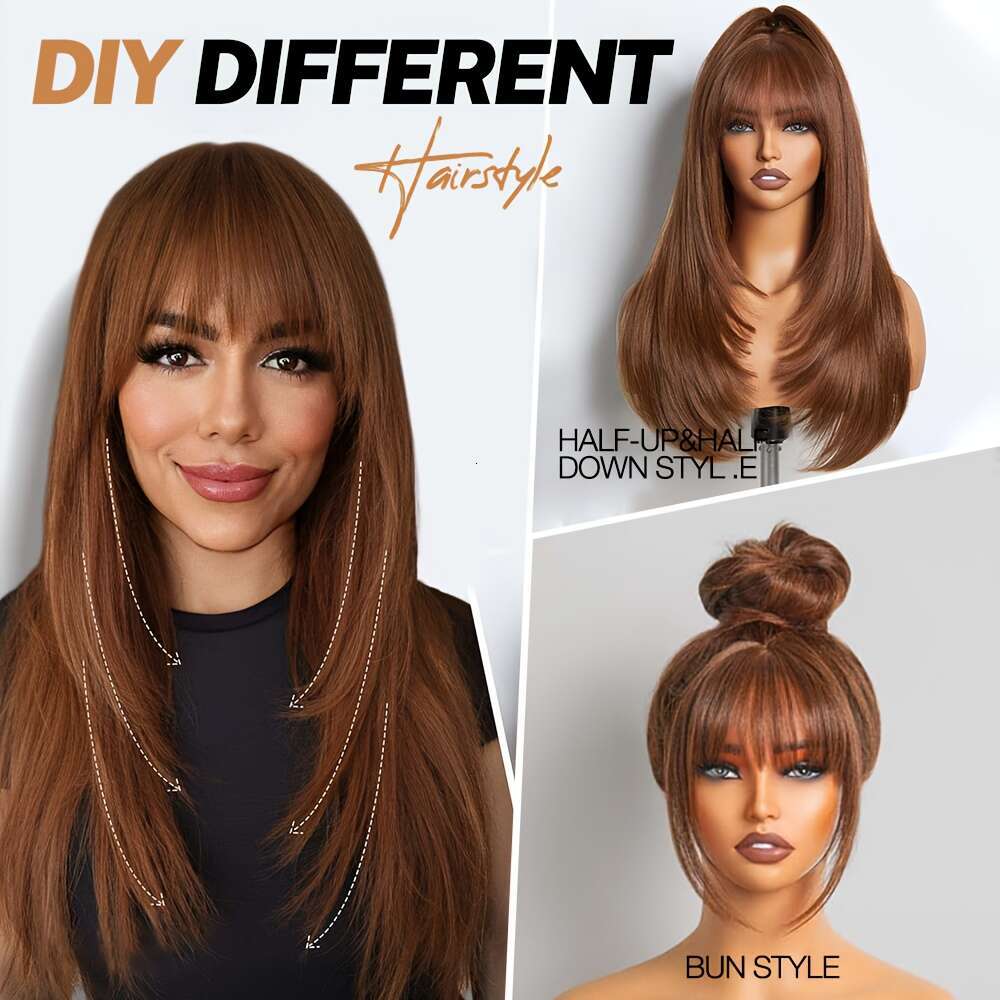 Chic Layered Straight Wig With Bangs - Brown Synthetic Hairpiece Women, Glueless Pixie Cut, Density Rose Net Cap, Perfect For Daily Use & High-Tempera