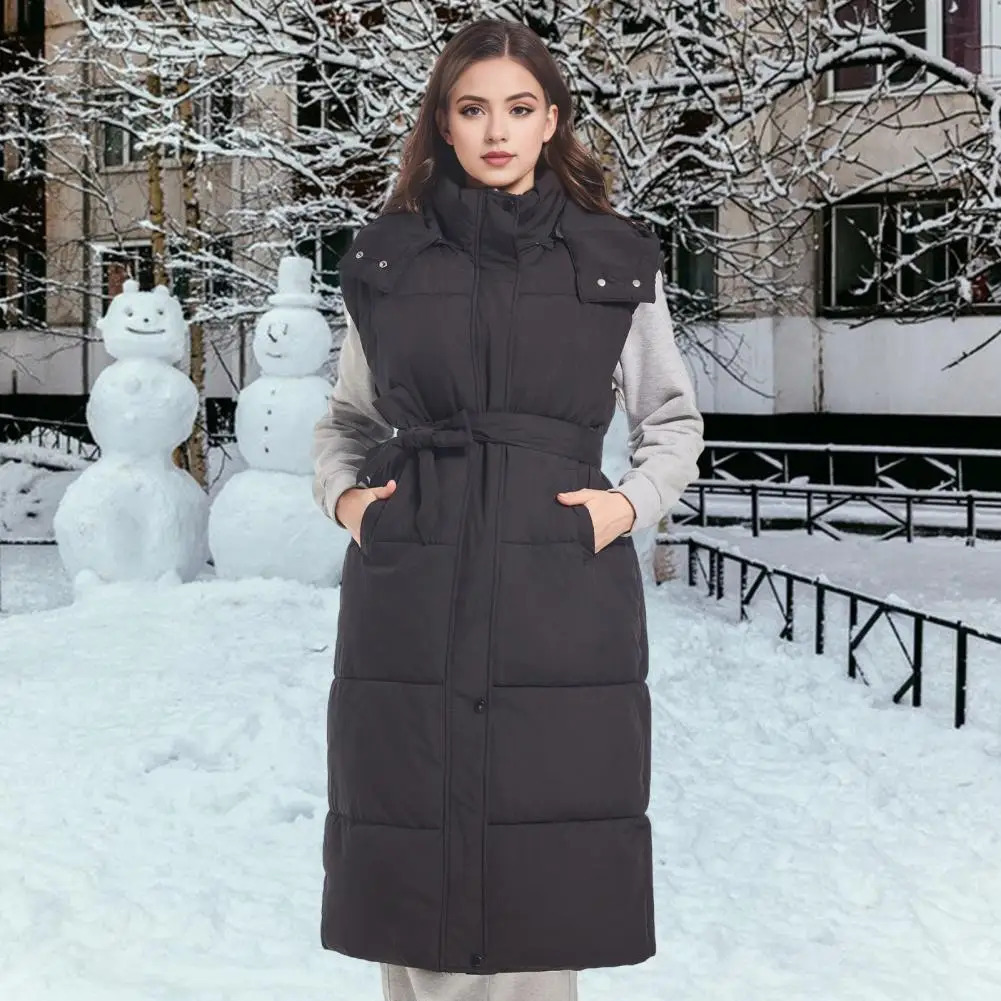 Thicken Winter Women Vest Coat with Belt Padded Stand Collar Sleeveless Calf Length Down Waistcoat Outerwear 251027