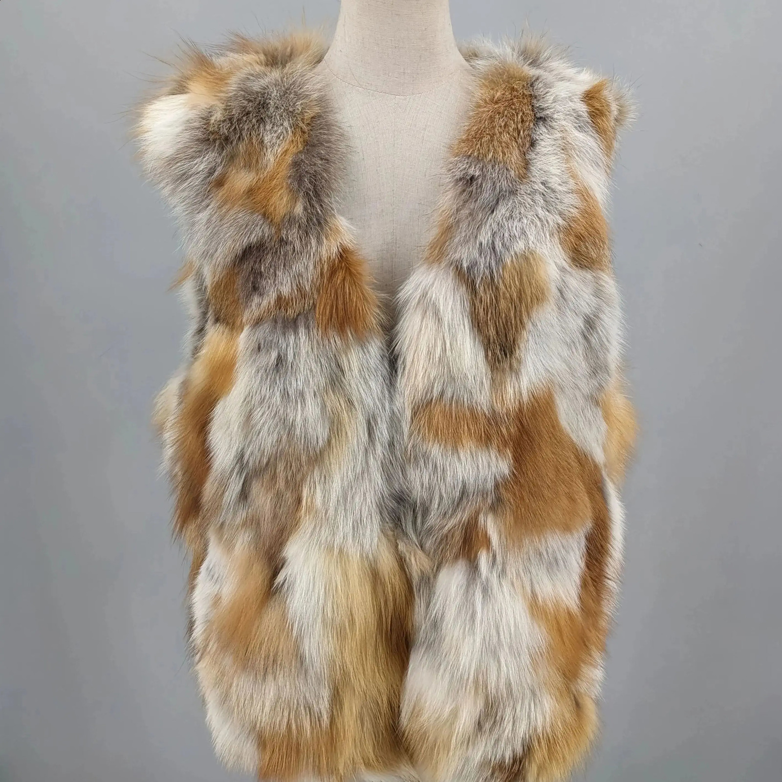 Womens Natural Fox Fur Vest For Winter Outerwear Sleeveless Waistcoat made of small pieces of colorful fur 251027