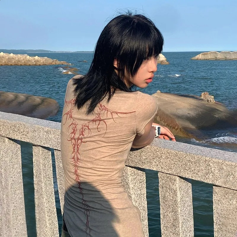 Karrcat Grunge Aesthetics Knitted Tops Vintage Tattoo Print Tee Shirt Punk Irregular Tshirt Gothic Alt Streetwear Y2k 251027