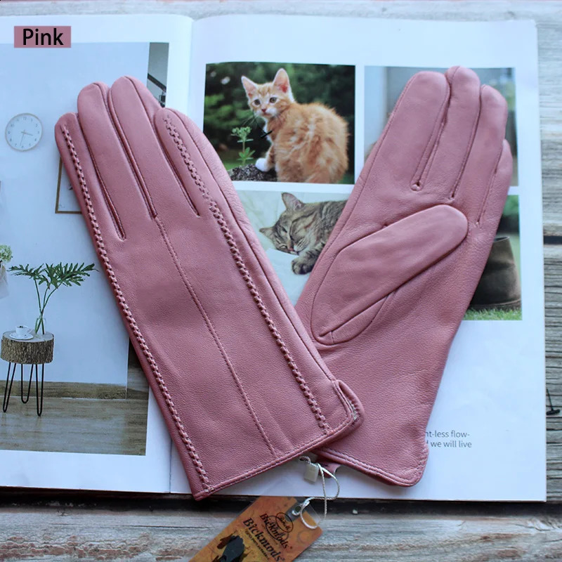 Winter Warm Color Leather Gloves Women Fashion Striped Style Velvet Lining Motorcycle Riding Driving Points 251027