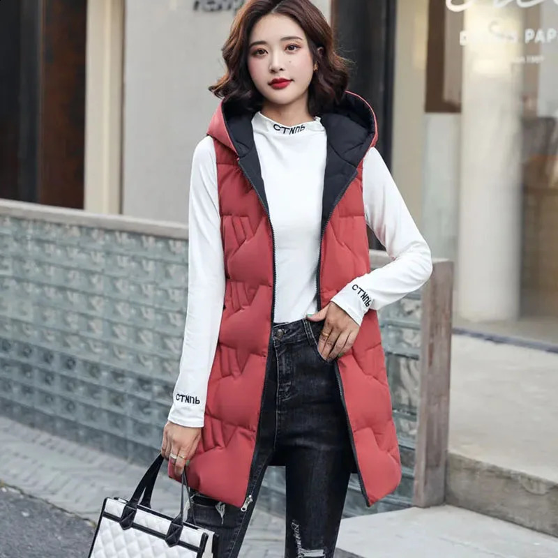 Womens Long Hooded Cotton Vest Padded Waistcoat Doublesided Down Warm Female Autumn Winter 251027