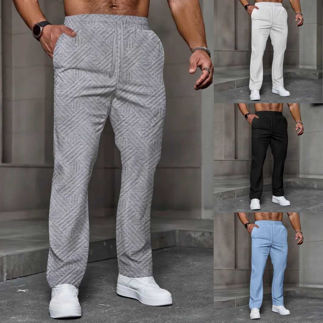 Mens sporty casual trousers fashionable jacquard elastic waist street pants solidcolor loose allseason pants W251028