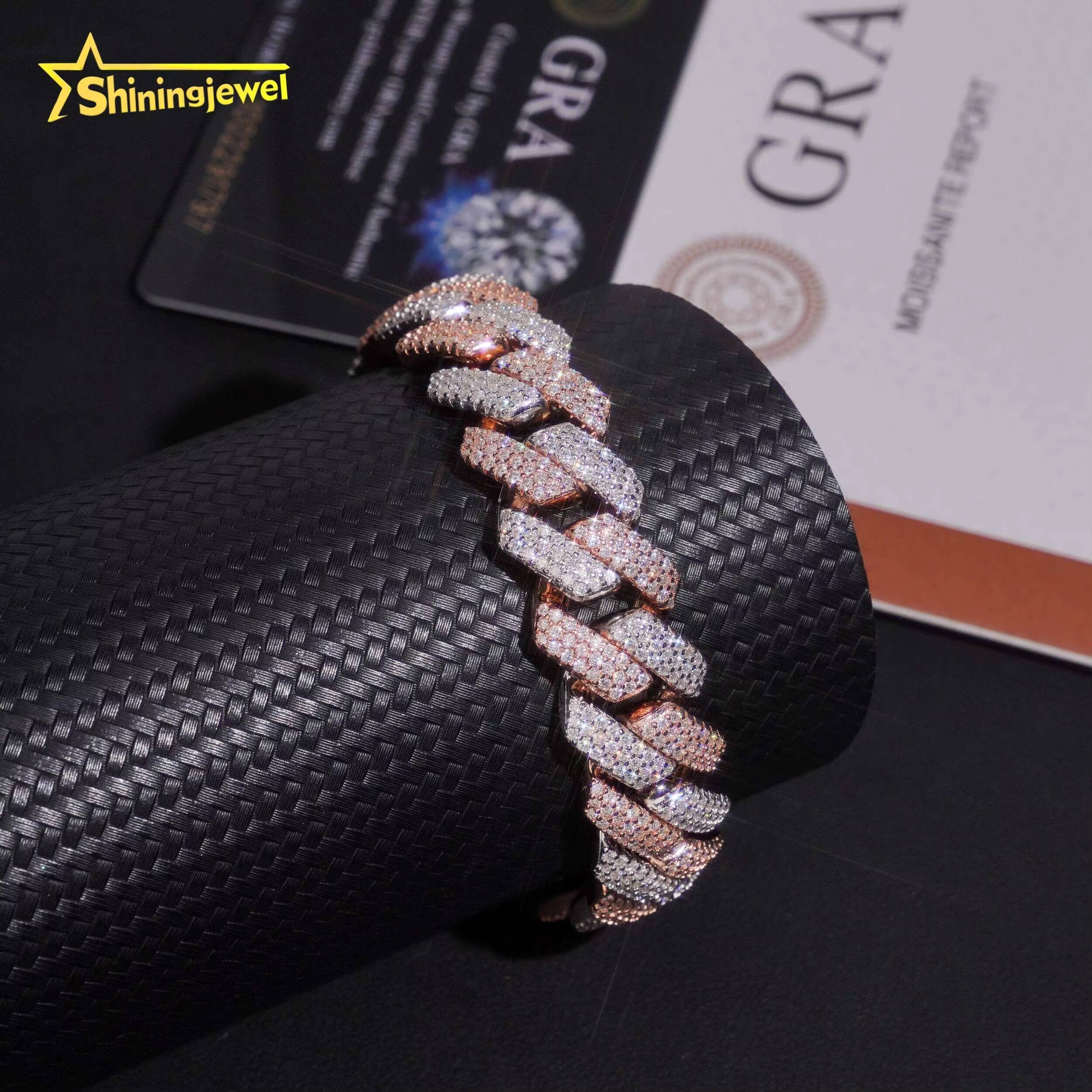 Two Tones Silver Rose Gold 15mm Moissanite Cuban Link Bracelet Hip Hop Moissanite Cuff Bracelet for Unisex Fashion