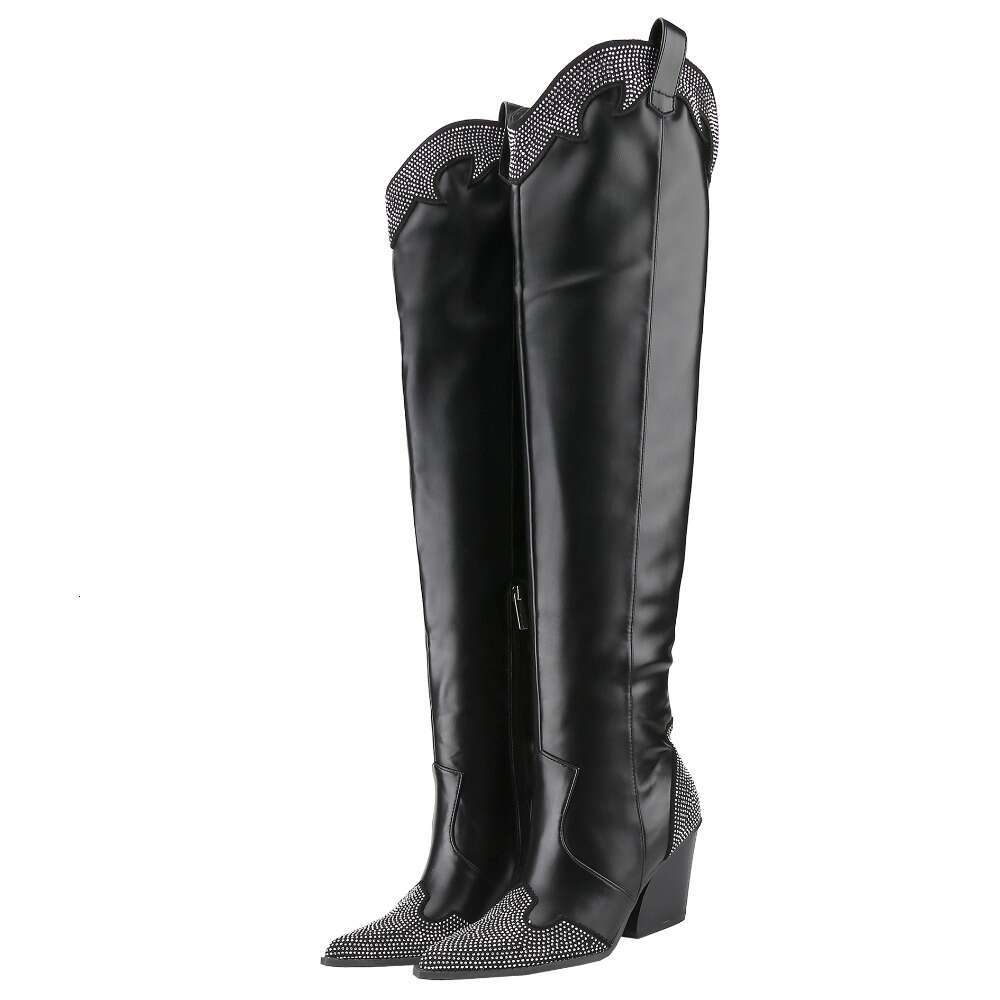 Comfortable Women's Rhinestone Long Boots Western Cowboy Style With Chunky Mid Heel And Pointed Toe