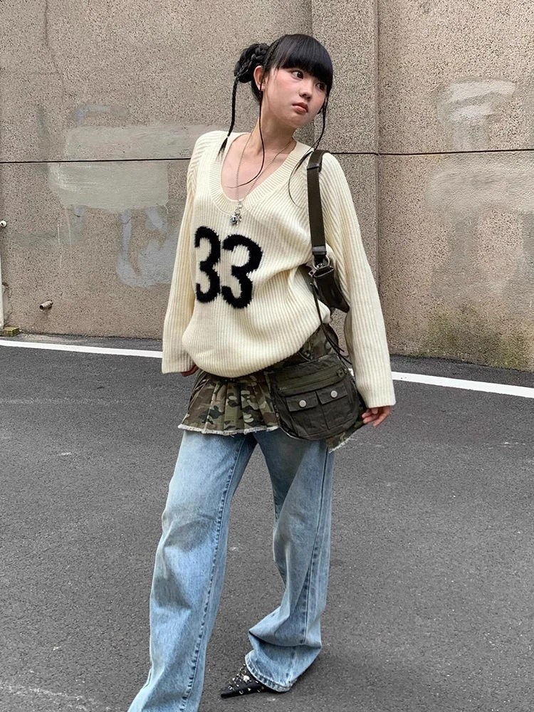 Harajuku Vintage Grunge Letter Jacquard Sweaters Women Y2k Aesthetic Oversized U Neck Jumpers Streetwear Casual Gothic Pullovers 251027