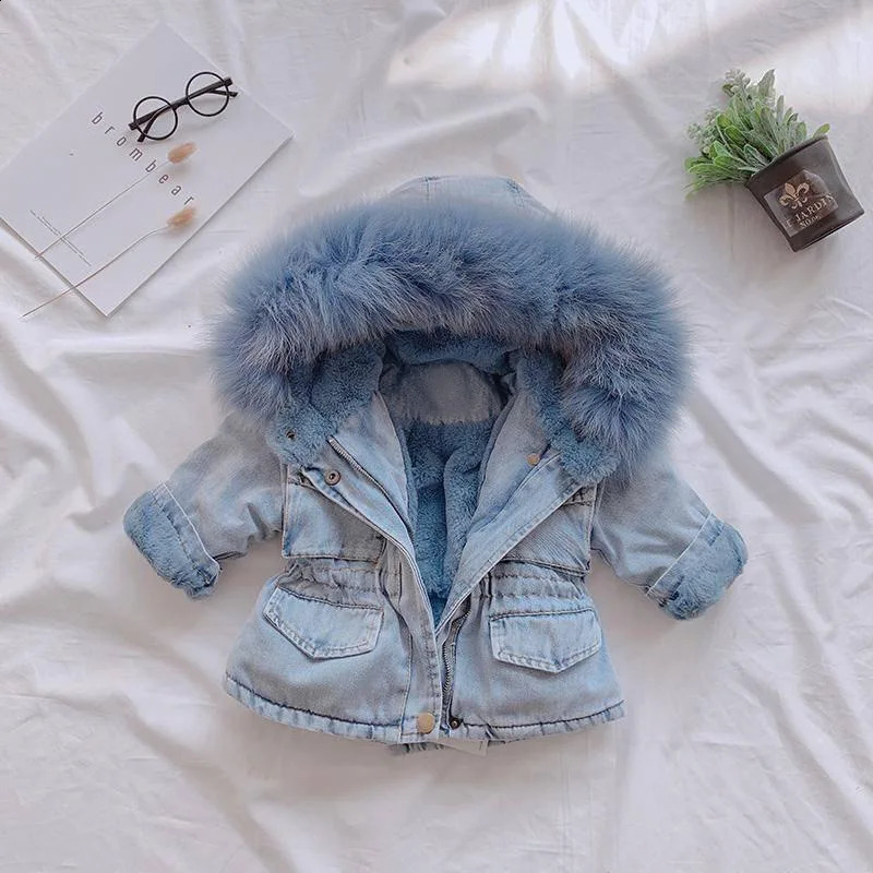Winter Baby Girl Denim Jacket Plus Fur Warm Toddler Girl Outerwear Plush denim jacket cotton 15 Years Kids Infant Girl Parka 251027