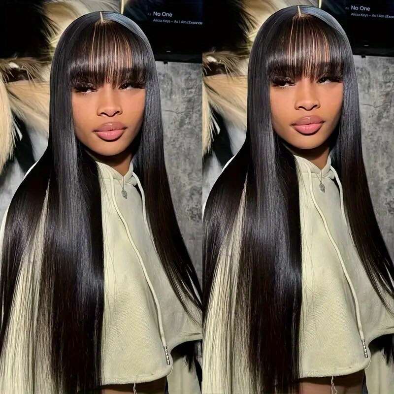 Wig Hairy Straight With Bangs None Lace Front For Women Unprocessed Brazilian Human Hair Hine Made Glueless Wigs 180% Density