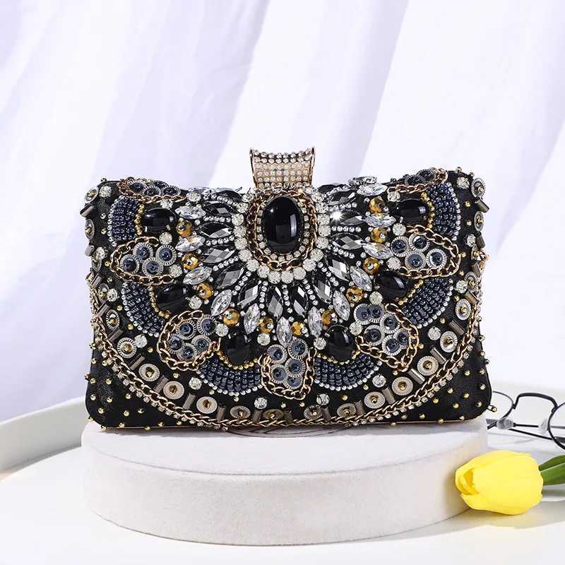 Fashion Handmade Black Beaded Rhinestone Evening Bags Metal Chain Shoulder Bag Embroidery Diamond Clutch Bags for Wedding Party H251027
