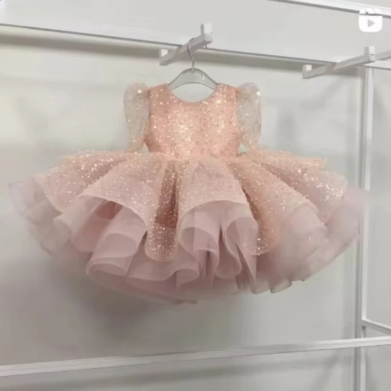 Girls Sparkly Pink Tutu Dress Princess Flower Girl Dresses for Birthday Wedding Host Kid Clothes Eid Occasions Cute Glittery 251023