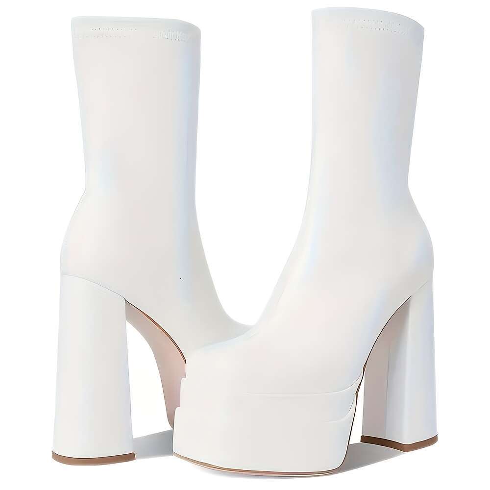 Elegant Women's White Platform Ankle - Chunky Heels With Square Toe, Side Zipper, PU Cover, Perfect For Winter Dress-Up Ocns, Casual Chic Boots|C